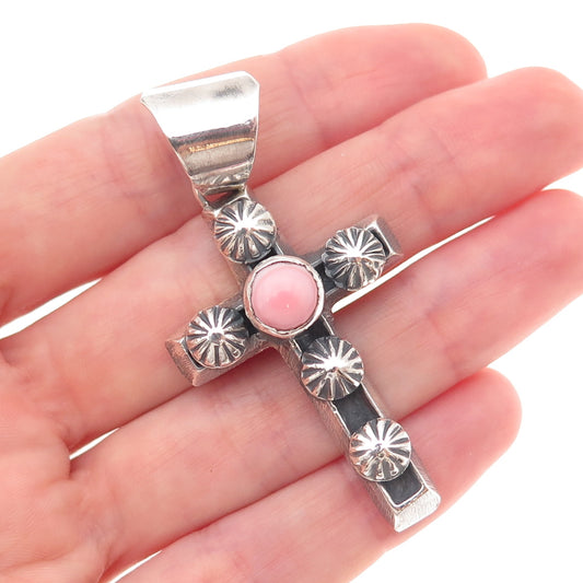 Chimney Butte Old Pawn Sterling Silver Vintage Pink Coral Cross Tribal Pendant