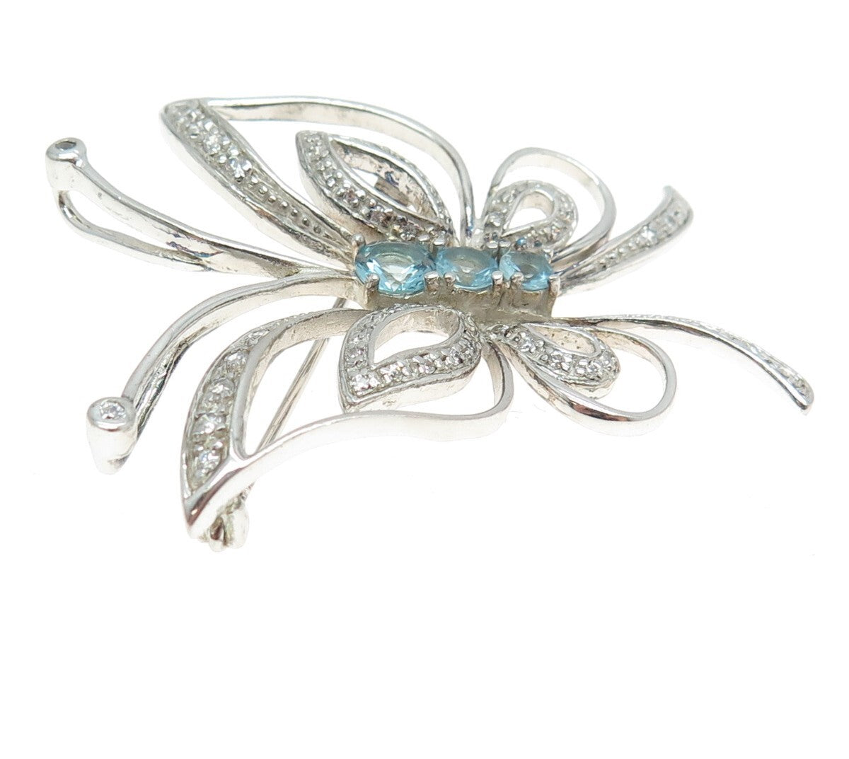 925 Sterling Silver Round-Cut Blue & White C Z Butterfly Pin Brooch