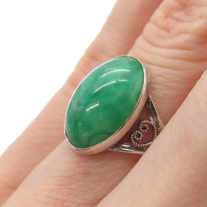 925 Sterling Silver Antique Art Deco Green Glass Filigree Heart Ring Size 5.75