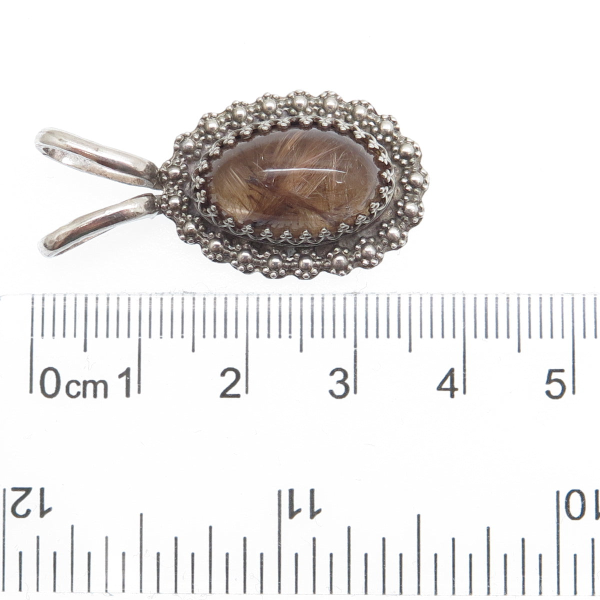 DAVID Sterling Silver Vintage Real Rutilated Quartz Granulated Flower Pendant