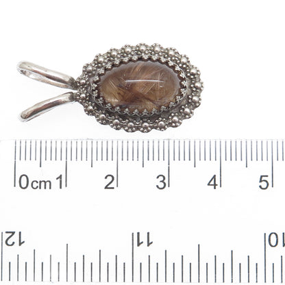 DAVID Sterling Silver Vintage Real Rutilated Quartz Granulated Flower Pendant