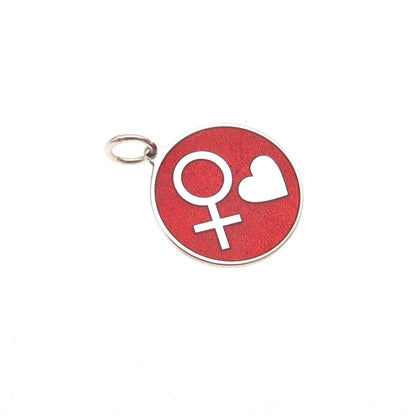 925 Sterling Silver Red Enamel Female Sign Heart Round Tag Mini Charm Pendant