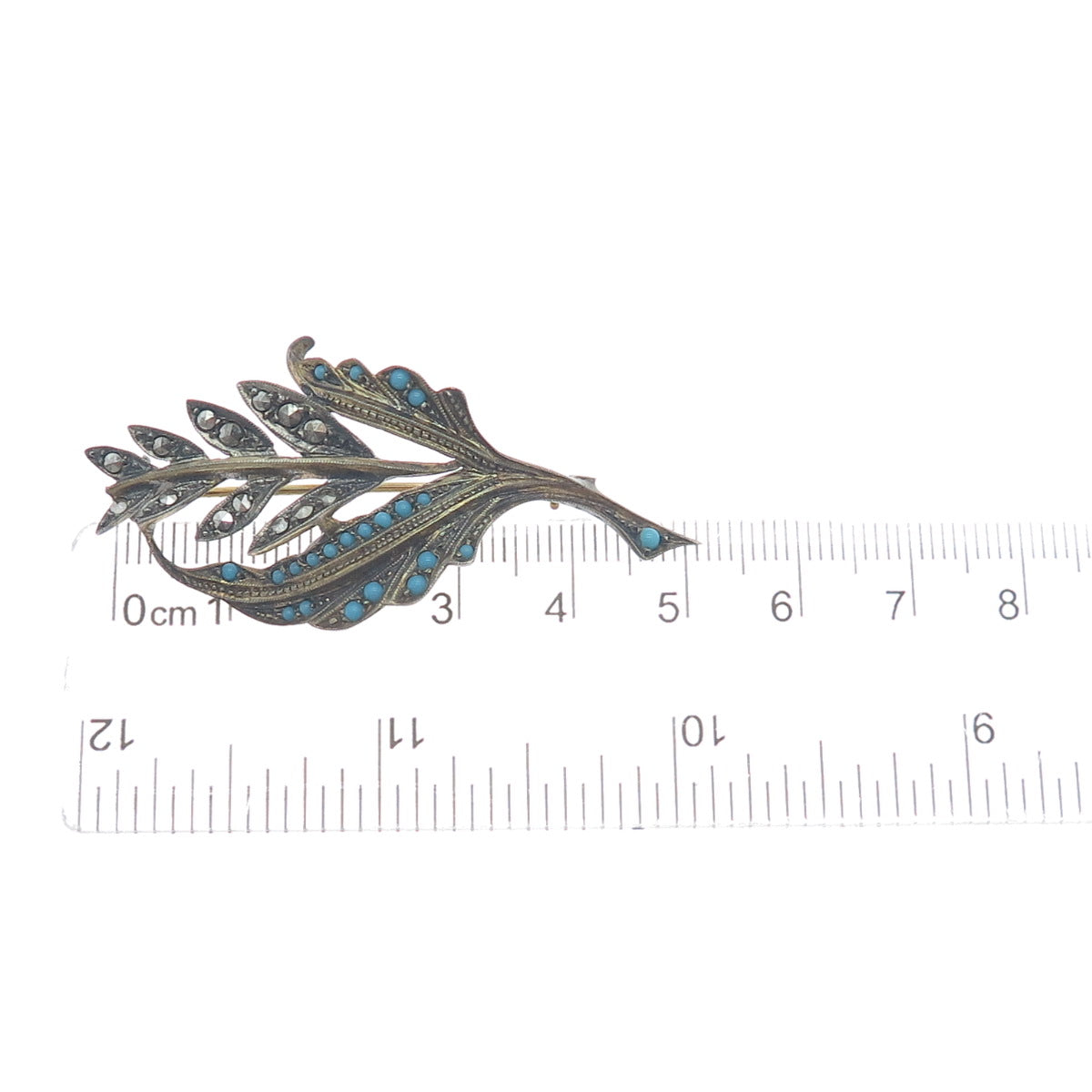 925 Sterling Gold Plated Antique Germany Faux Turquoise Marcasite Flower Brooch
