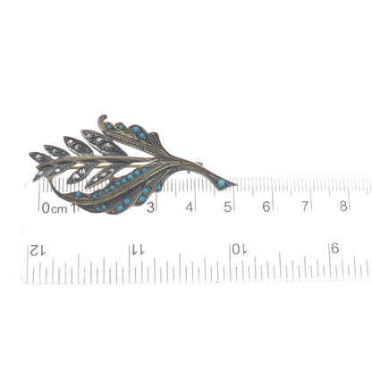 925 Sterling Gold Plated Antique Germany Faux Turquoise Marcasite Flower Brooch