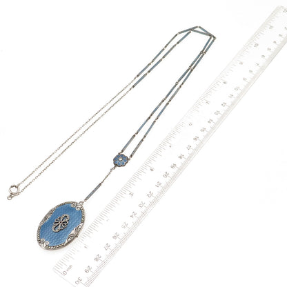 925 Sterling Silver Antique Enamel Marcasite Locket Necklace 30" (missing stone)