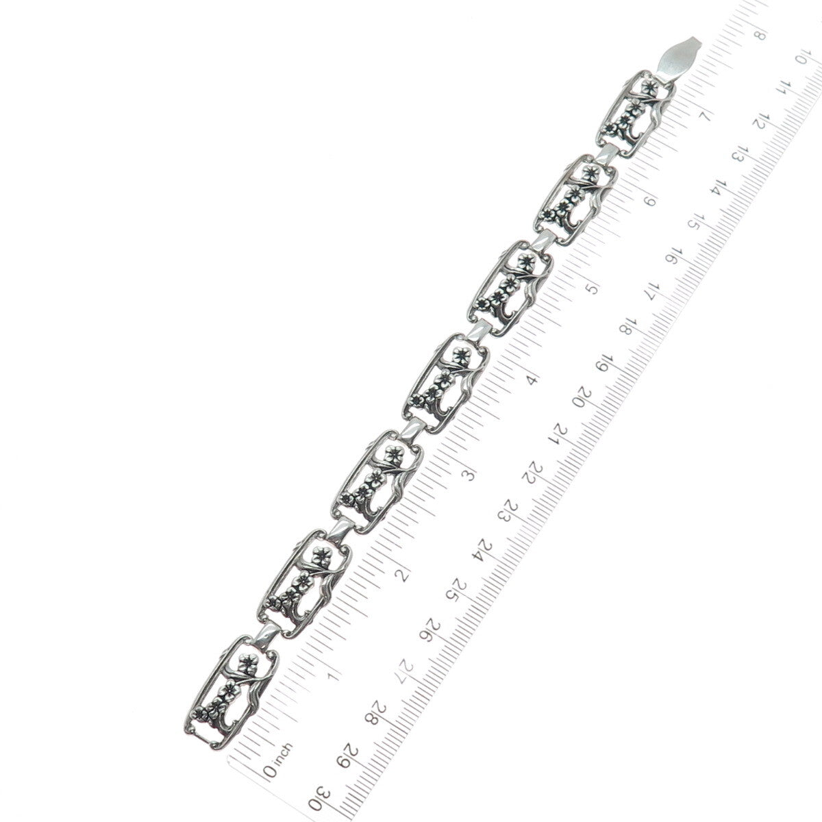 WELLS Sterling Silver Antique Art Deco Cherry Blossom Panel Link Bracelet 7.5"