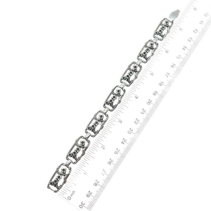 WELLS Sterling Silver Antique Art Deco Cherry Blossom Panel Link Bracelet 7.5"