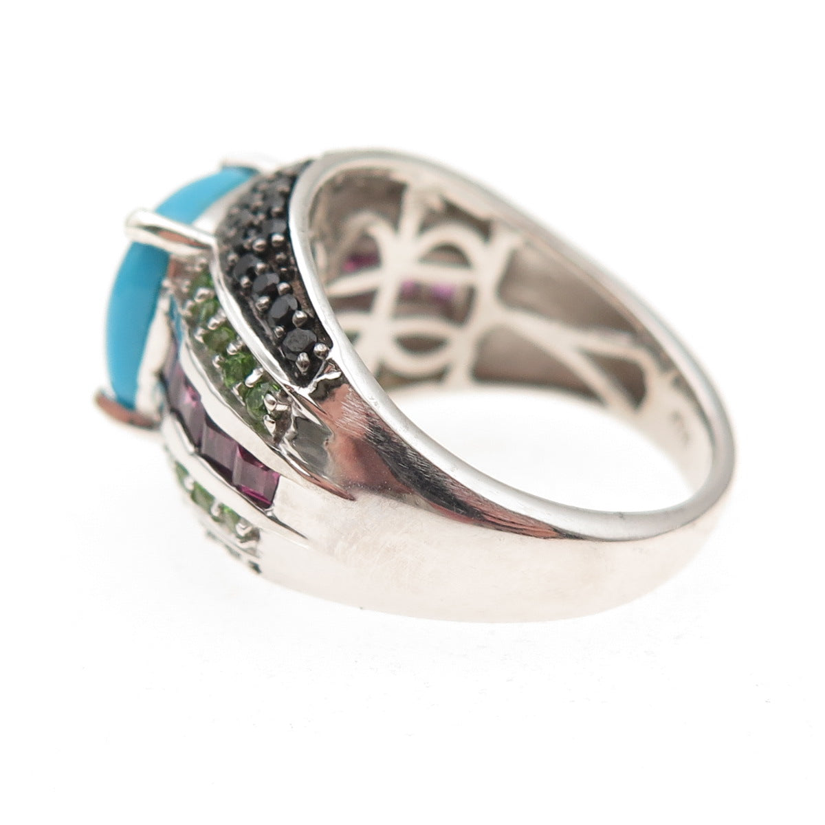 Chuck Clemency 925 Sterling Turquoise Rhodolite Peridot & Spinel Ring Size 8.25
