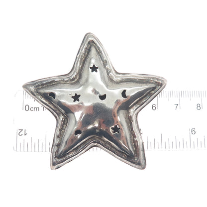 925 Sterling Silver Vintage Mexico Star & Crescent Shadow Box Oxidized Brooch