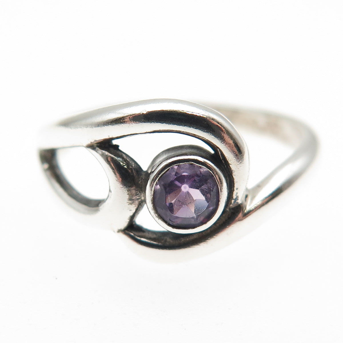 925 Sterling Silver Vintage Real Amethyst Modernist Swirl Ring Size 6.75