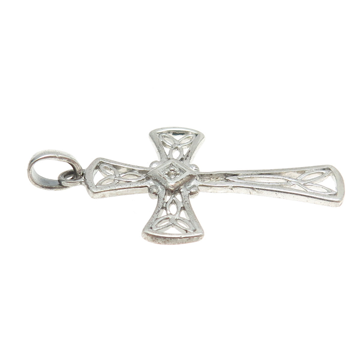 925 Sterling Silver Real Diamond Filigree Cross Religious Pendant