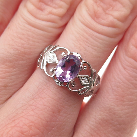 RJ Graziano Sterling Silver Vintage Real Amethyst & C Z Floral Ring Size 6.75