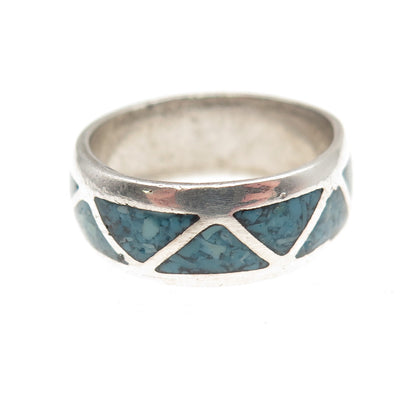 Old Pawn Sterling Silver Vintage Southwestern Turquoise Inlay Band Ring Size 7