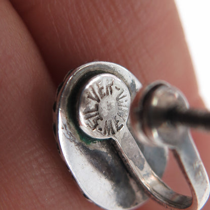 925 Sterling Silver Vintage Mexico Real Cabochon Jade Screw Back Earrings