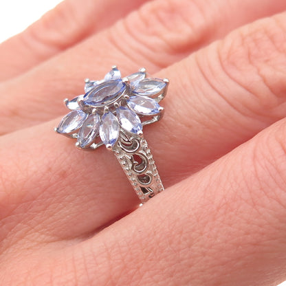 D'Joy 925 Sterling Silver Real Marquise-Cut Tanzanite Floral Ring Size 8.25
