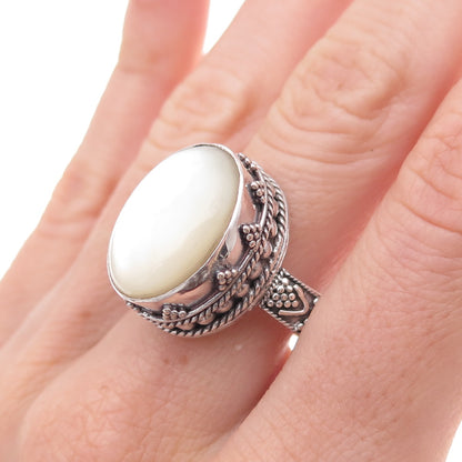 Suarti Bali Sterling Silver Vintage Real MOP Granulated Oxidized Ring Size 8.75