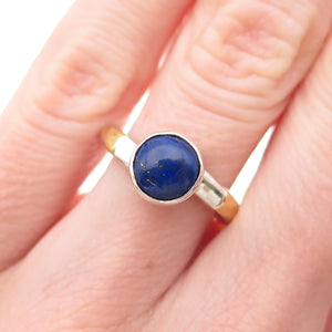 925 Sterling Silver 22K Gold Vintage Real Lapis Modernist Ring Size 4.75