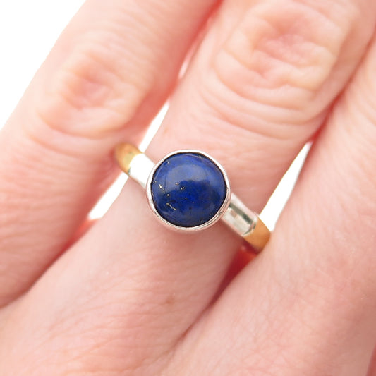 925 Sterling Silver 22K Gold Vintage Real Lapis Modernist Ring Size 4.75