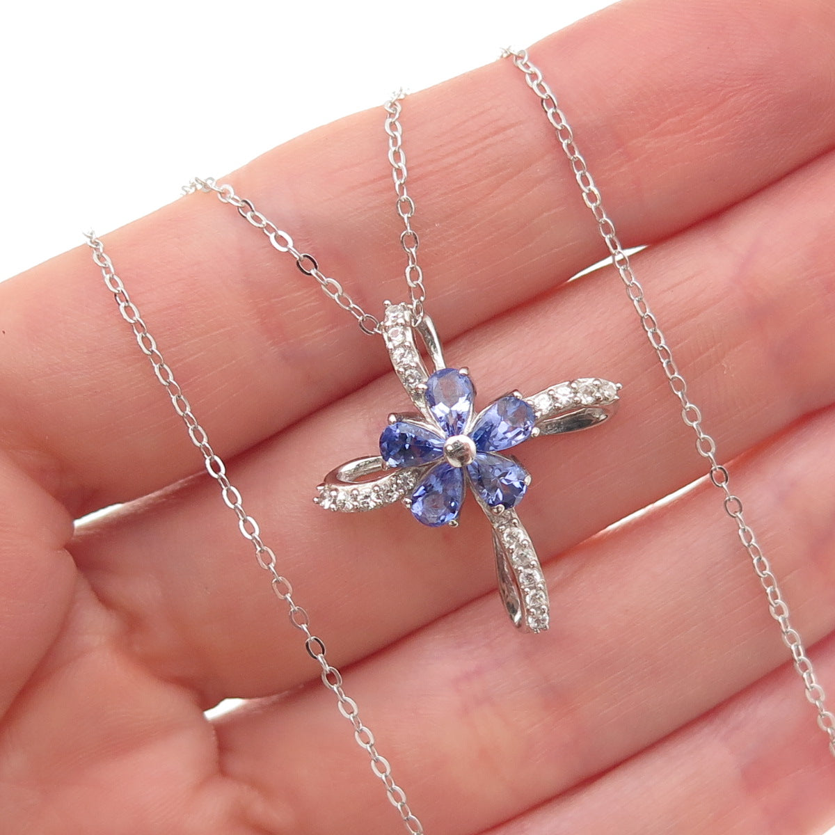Chuck Clemency 925 Sterling Real Tanzanite White Topaz Floral Cross Necklace 20"