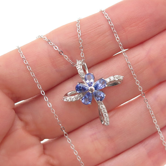 Chuck Clemency 925 Sterling Real Tanzanite White Topaz Floral Cross Necklace 20"