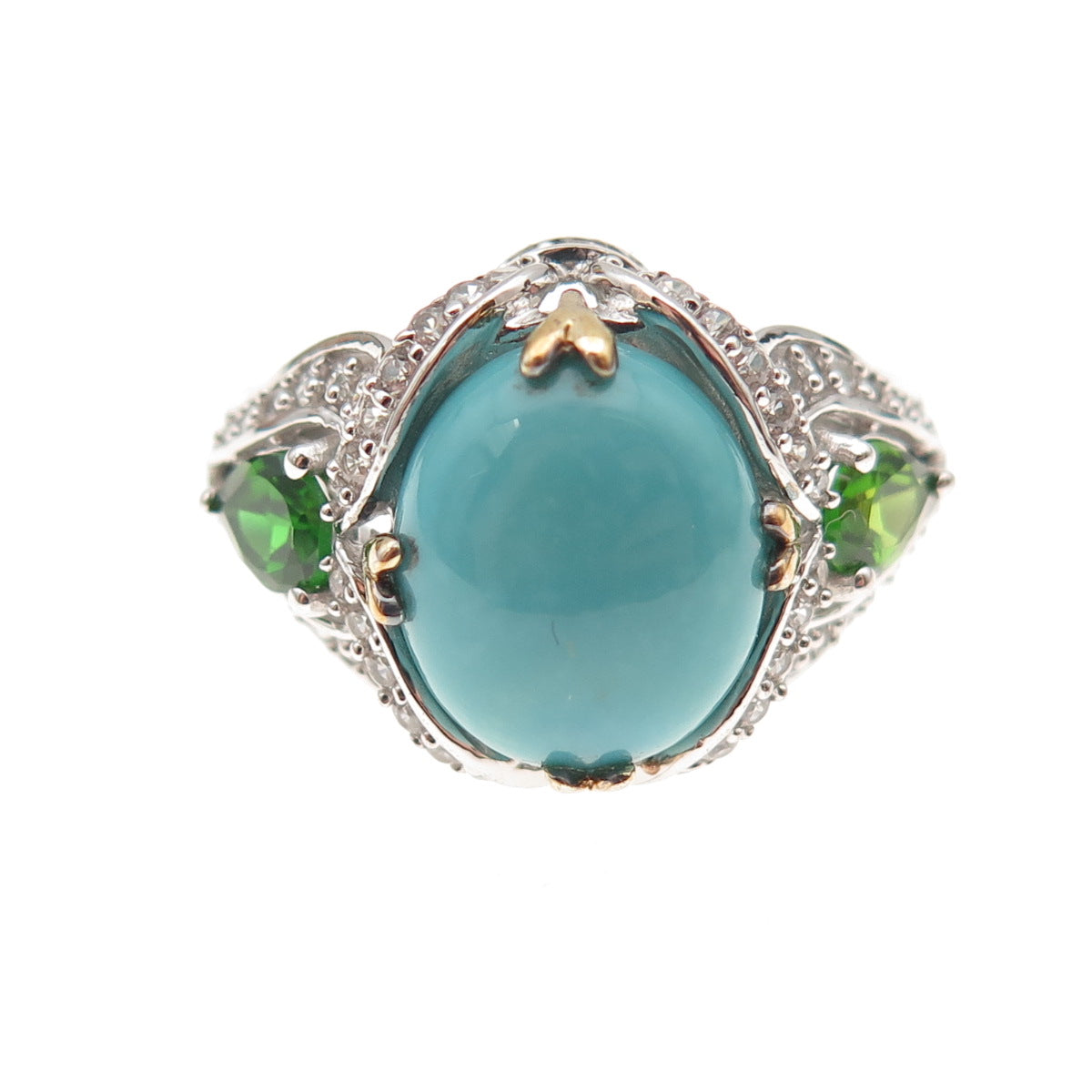 925 Sterling Silver 2-Tone Real Turquoise Peridot & White Topaz Ring Size 8.25