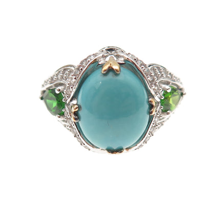 925 Sterling Silver 2-Tone Real Turquoise Peridot & White Topaz Ring Size 8.25