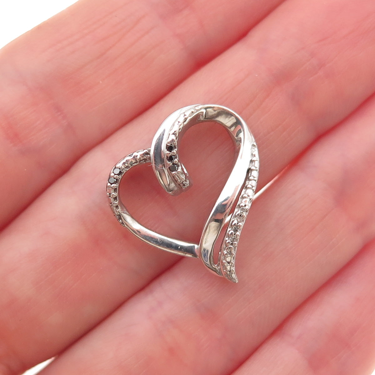 925 Sterling Silver Real Black & White Diamond Heart Mini Slide Charm Pendant