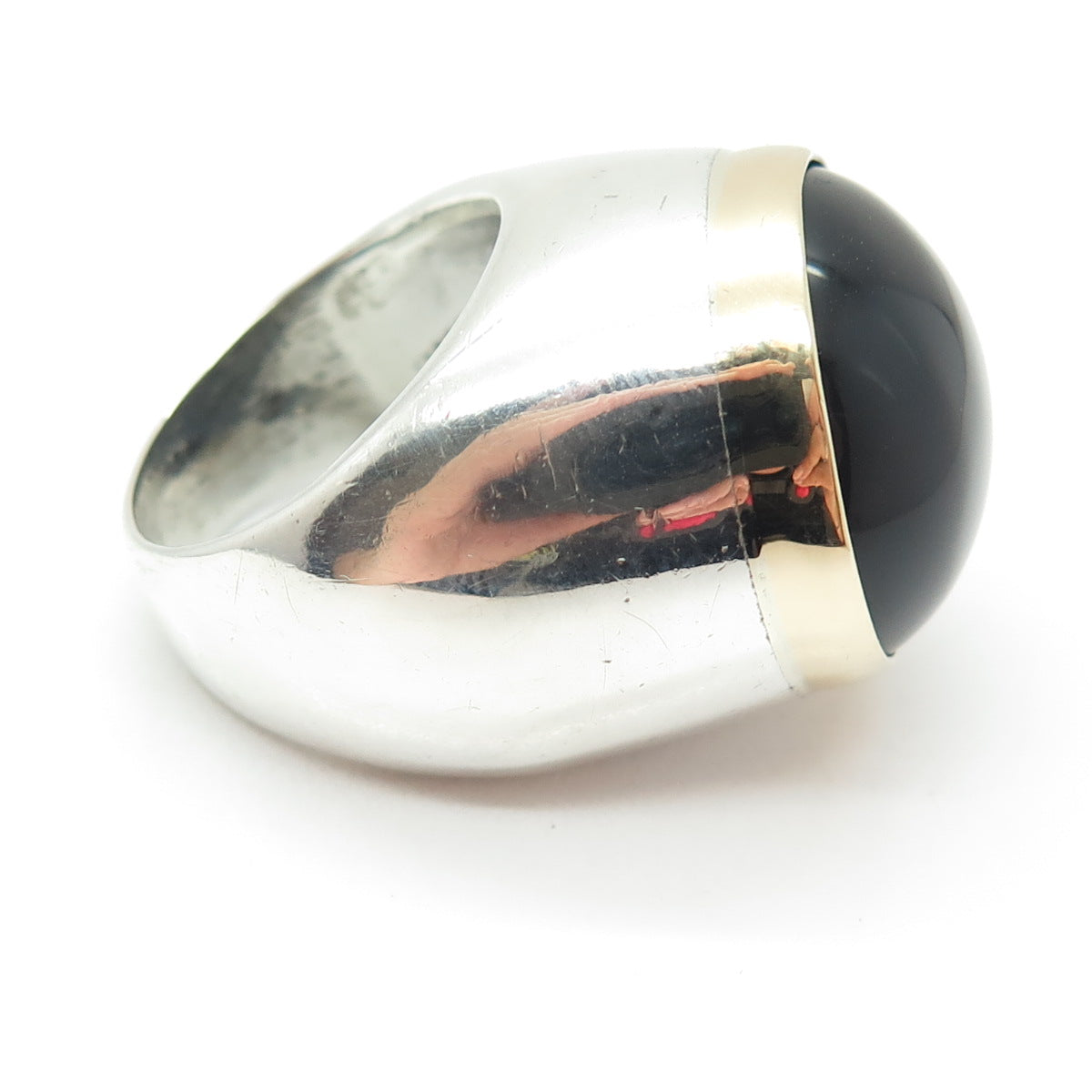 14K Yellow Gold 925 Sterling Silver Vintage Black Onyx Modernist Ring Size 7.25