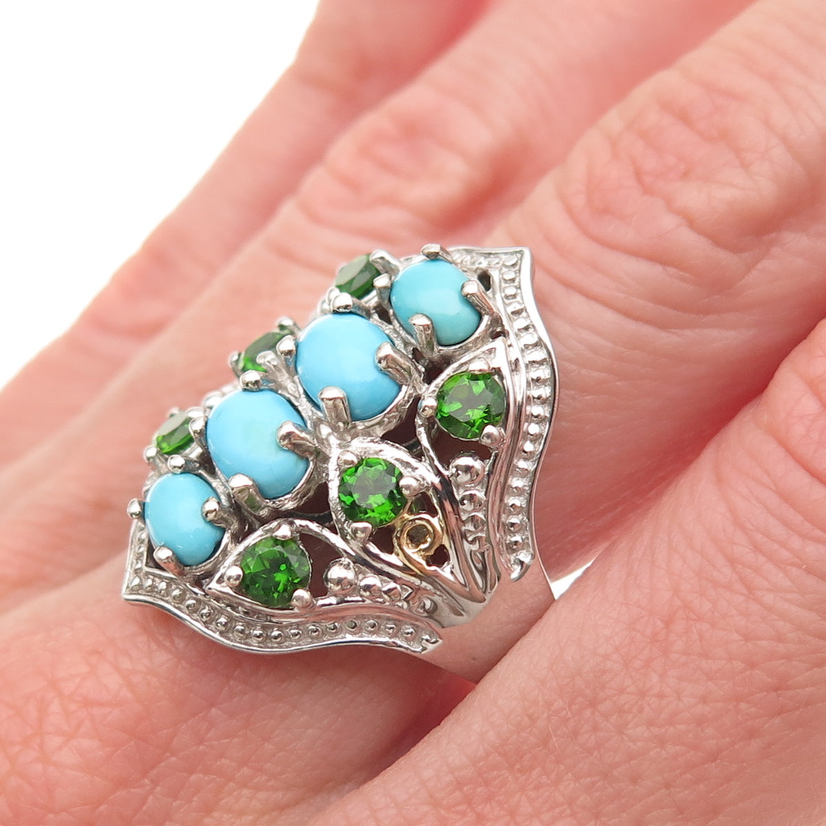 Chuck Clemency Sterling Silver 2-Tone Real Turquoise & Tanzanite Ring Size 8.25