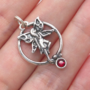 SHUBE 925 Sterling Silver Vintage Red Rhinestone Fairy Oxidized Charm Pendant