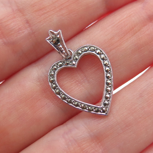 925 Sterling Silver Vintage Real Marcasite Heart Minimalist Charm Pendant