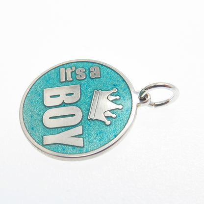 925 Sterling Silver Turquoise Color Enamel "It's A Boy" Minimalist Charm Pendant