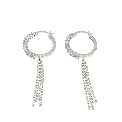 925 Sterling Silver Round-Cut Pink C Z Tassel Hoop Earrings