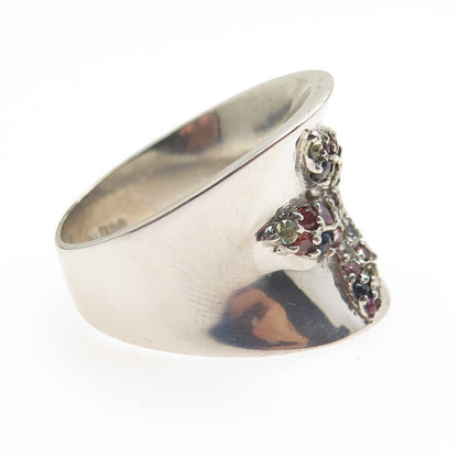 925 Sterling Silver Real Round-Cut Multi-Color Sapphire Flower Ring Size 7.75