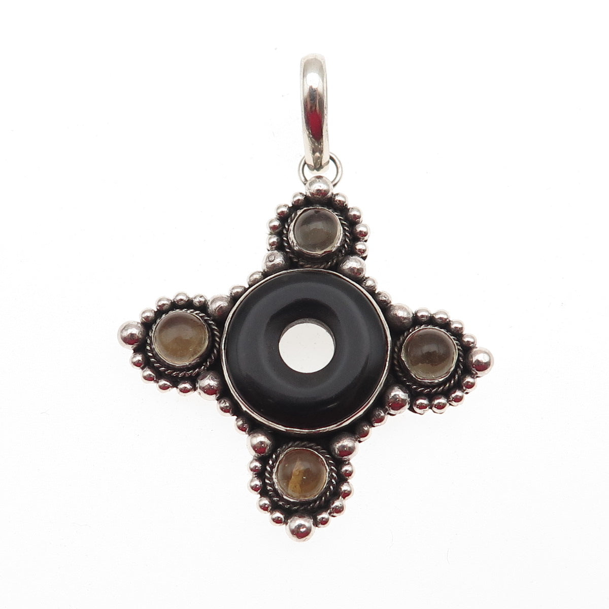 925 Sterling Silver Vintage Real Black Onyx & Citrine Modernist Cross Pendant