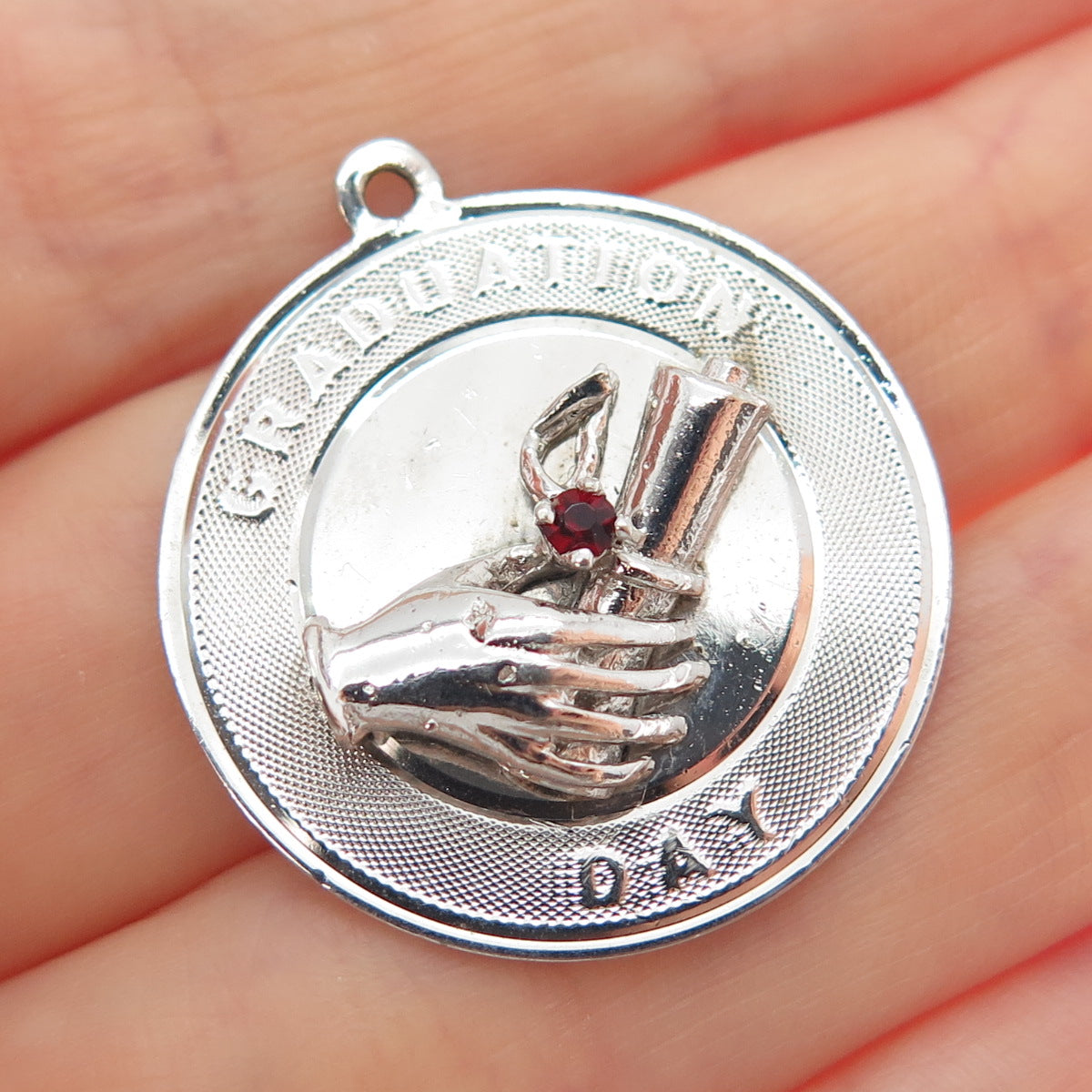 TOWN & COUNTRY 925 Sterling Silver Vintage Red Rhinestone Graduation Day Pendant