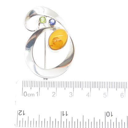 MICHOU 925 Sterling Silver Vintage Real Amber Iolite & Peridot Modernist Brooch