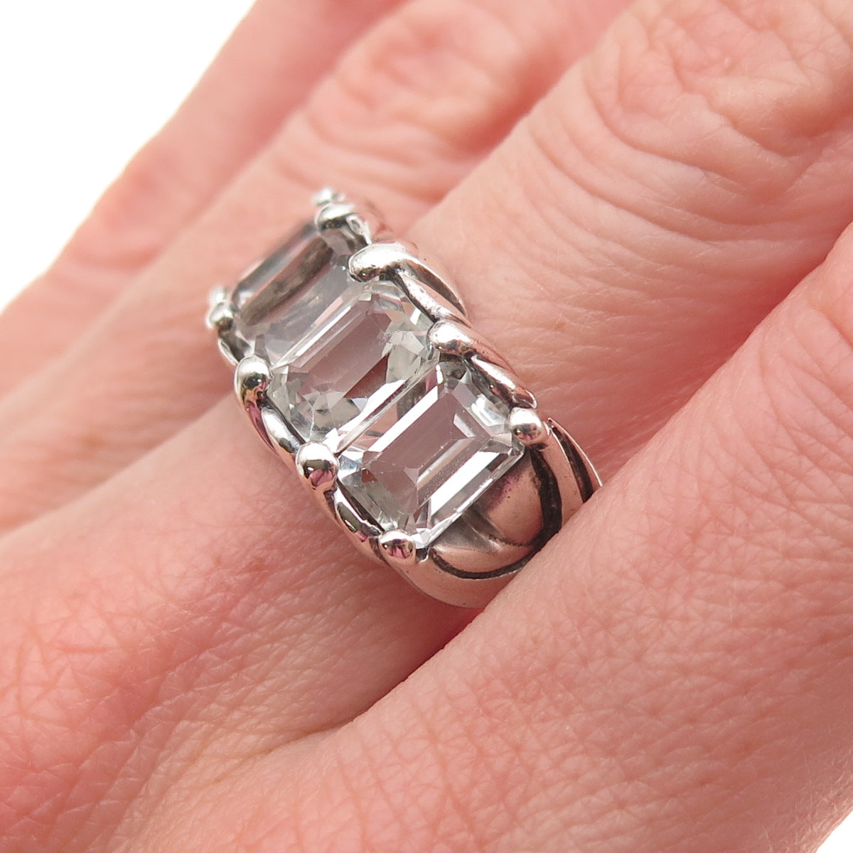 925 Sterling Silver Vintage Real Light Blue Topaz Oxidized Ring Size 10
