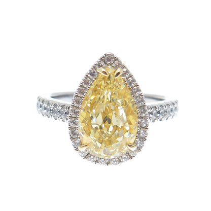 925 Sterling Silver Canary Pear-Cut & White Round-Cut Shaped C Z Ring Size 6.25