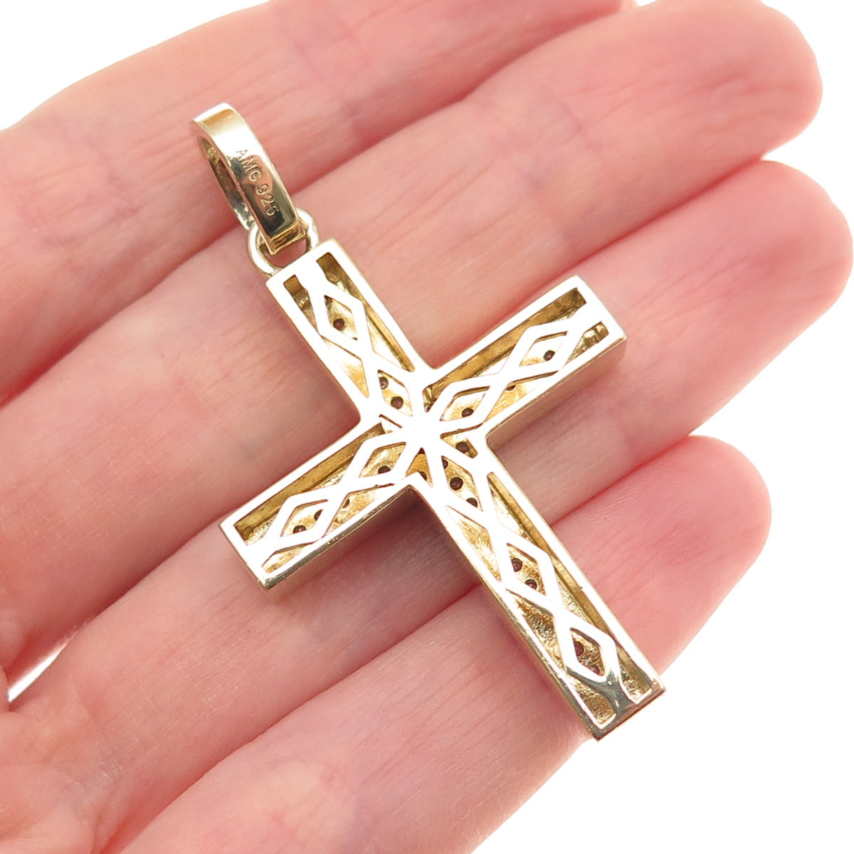 925 Sterling Silver Gold Plated Round-Cut C Z Cross Pendant