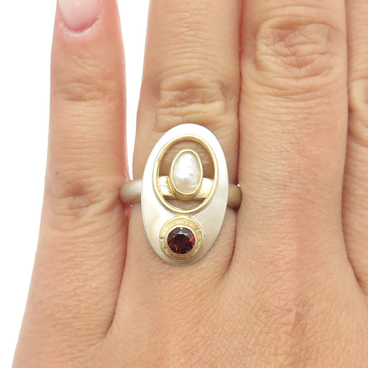 YES SILVER JEWELRY 925 Sterling 2-Tone Pearl & Red Garnet Modernist Ring Size 6