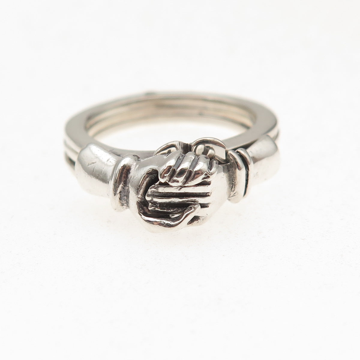 925 Sterling Silver Vintage Mexico Irish Claddagh Oxidized Folding Ring Size 6