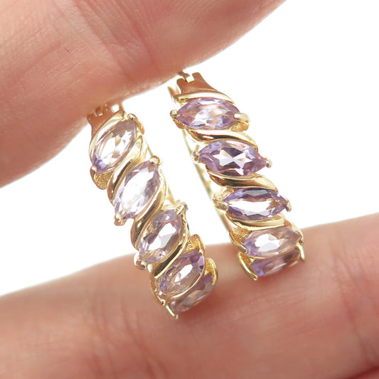 925 Sterling Silver Gold Plated Real Amethyst Gemstone Hinged Hoop Earrings