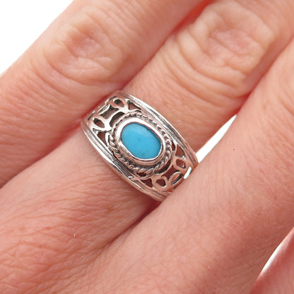 925 Sterling Silver Vintage Real Turquoise Oxidized Ring Size 5.25