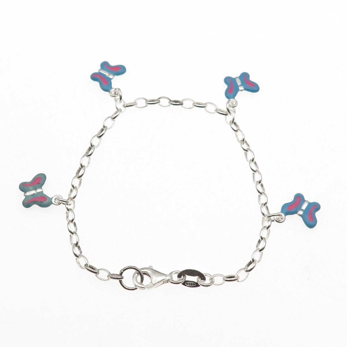 925 Sterling Silver Enamel Butterfly Dangle Charm Oval Link Bracelet 6"