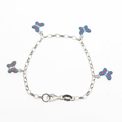 925 Sterling Silver Enamel Butterfly Dangle Charm Oval Link Bracelet 6"