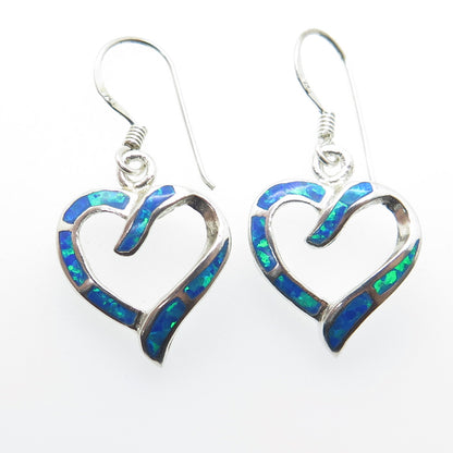 925 Sterling Silver Vintage Real Opal Heart Dangle Earrings