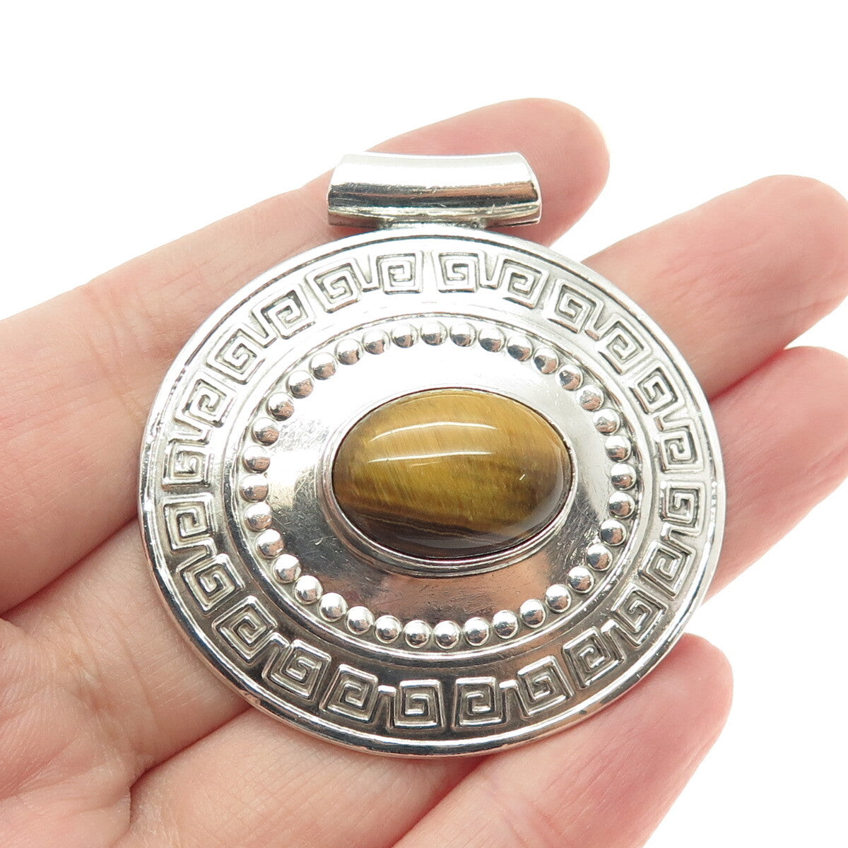 925 Sterling Silver Vintage Mexico Real Tiger Eye Greek Maze Slide Pendant