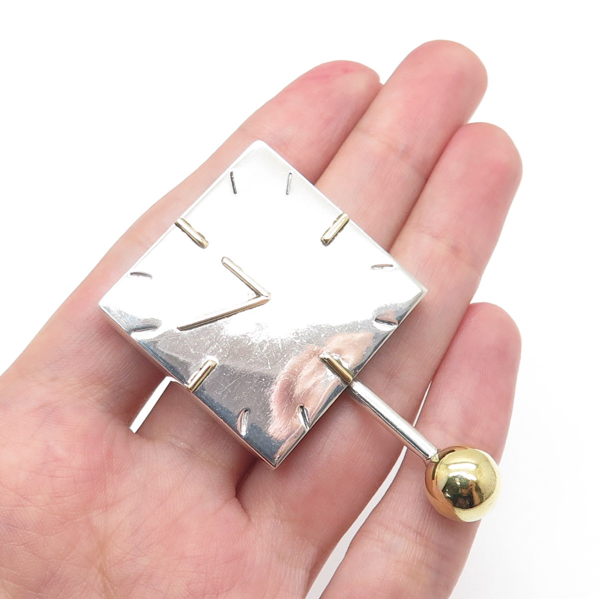 LATON 925 Sterling Silver 2-Tone Vintage Mexico Clock Pin Brooch