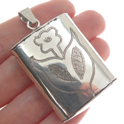 925 Sterling Silver Antique Art Deco Engraved Satin Flower Pendant
